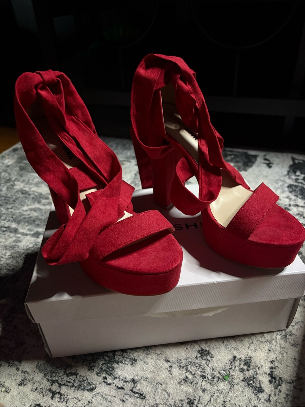 Fashion Nova Red Suede Platform Lace-Up Heels